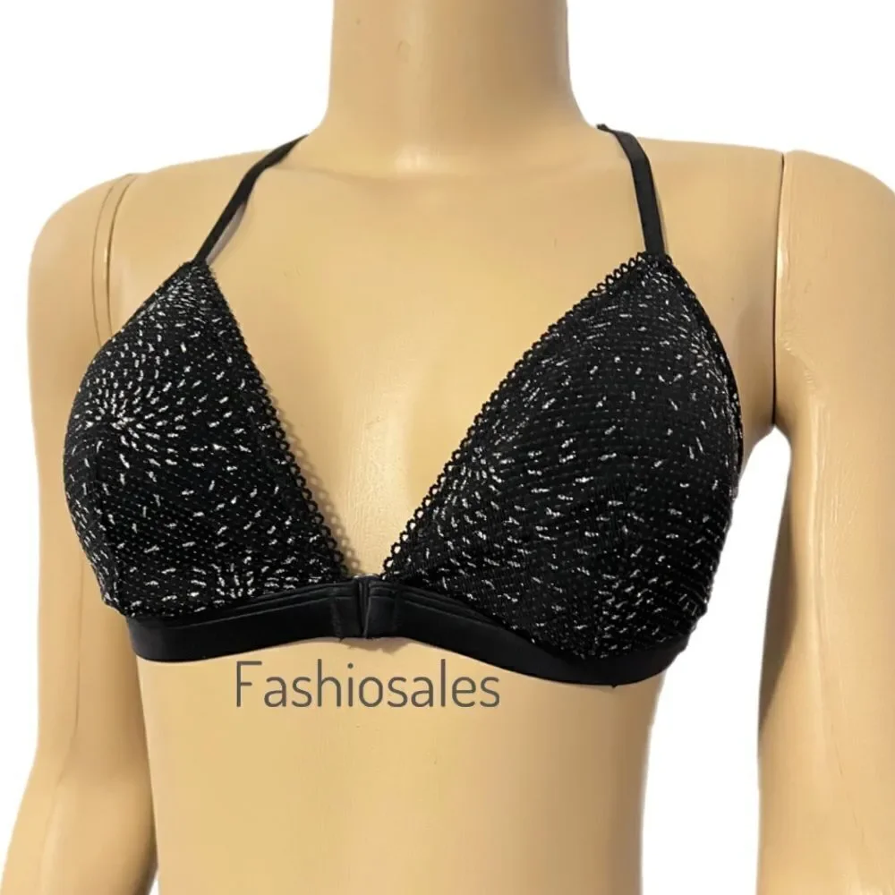 Victoria’s Secret Padded with Metallic lace deep V bralette bra black Large